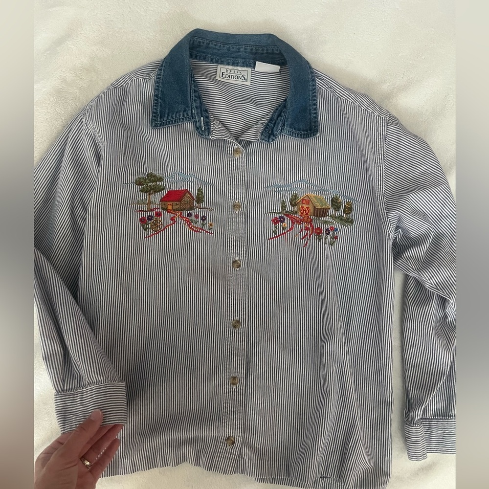 Embroidered Button Down Denim Shirt 100% Cotton